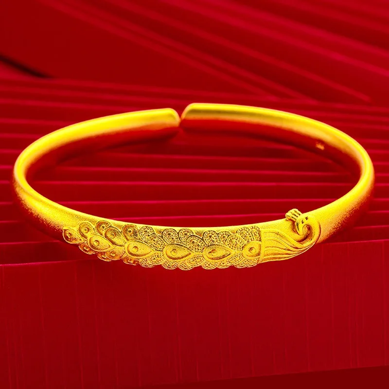 Mylux Jewelry 9999 genuine gold 24K gold antique peacock open screen gold bracelet fashion gold jewelry gift open-ended bracelet