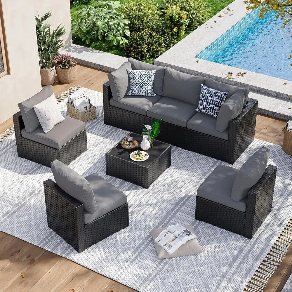 Grey Wicker Patio Sectional Sofa Set with Cushions, 7-Piece Outdoor Furniture