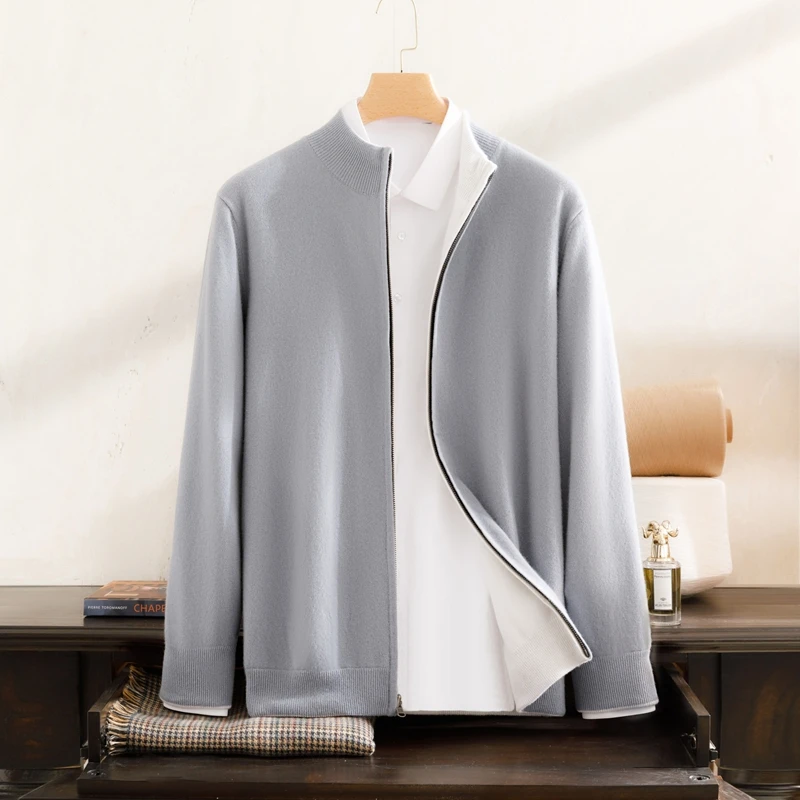 

Autumn Winter Thick Warm Men Zipper Cardigan Jacket 100% Pure Cashmere Sweater Casual Man O-neck Reversible Knitted Top Coats