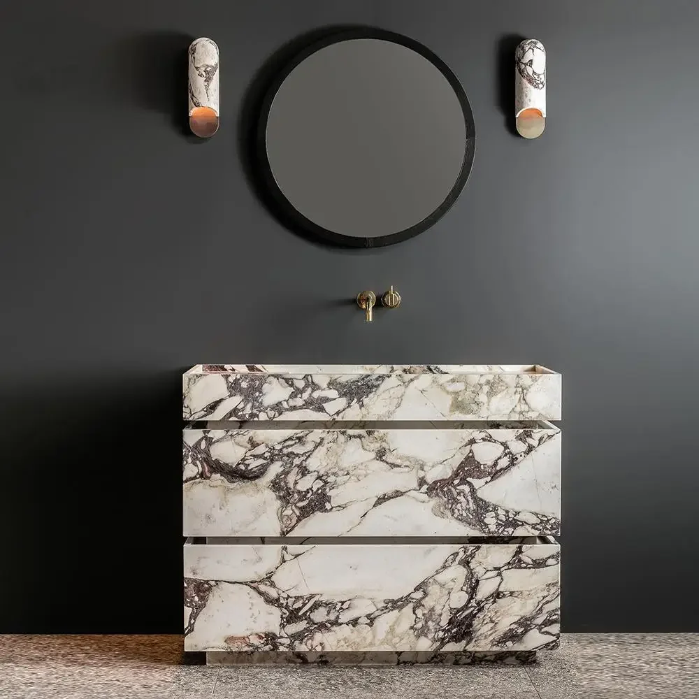 aQ X French Style Floor-Standing Vanity: Luxury Stone Slab Bath Cabinet W/ Top Or Undermount Sink, Antique Marble Look Bathroom