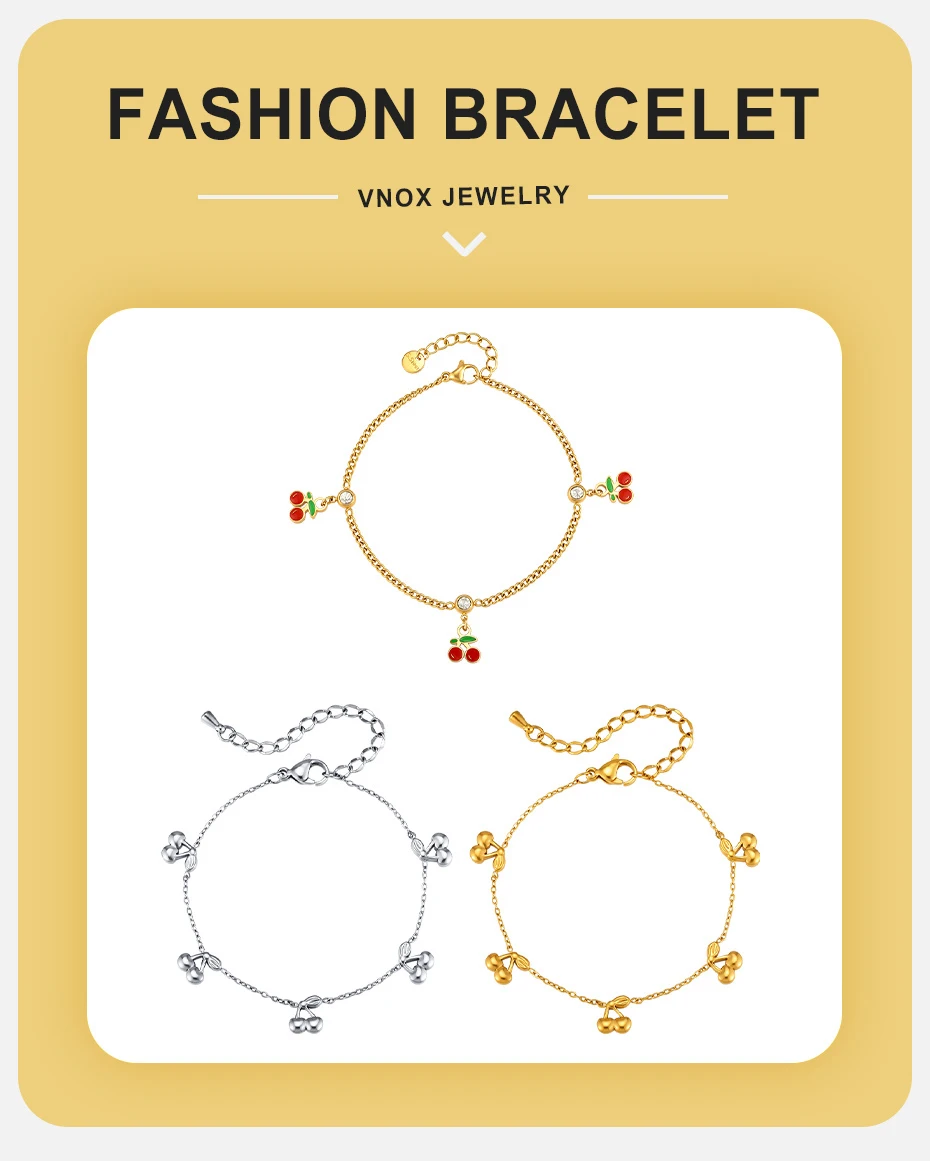 Vnox Vergoldetes Süßes Kirsch-Charm-Armband für Frauen Edelstahl Gliederkette Niedliches Zierliches Früchte-Serie Armband Schmuck – Detail 1
