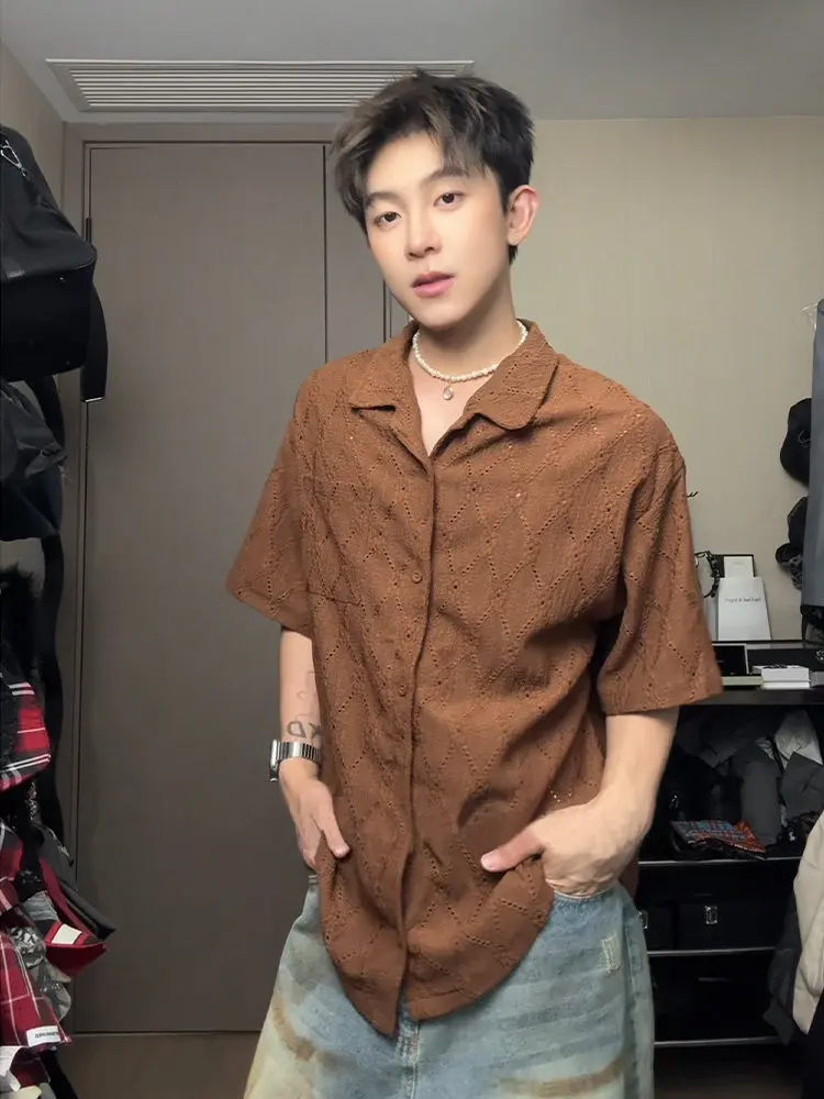 Cuban Collar Loose Fit Short Sleeve Shirt Men's Summer American Style  Top Couple's Coffee Color Breathable Casual Shirt