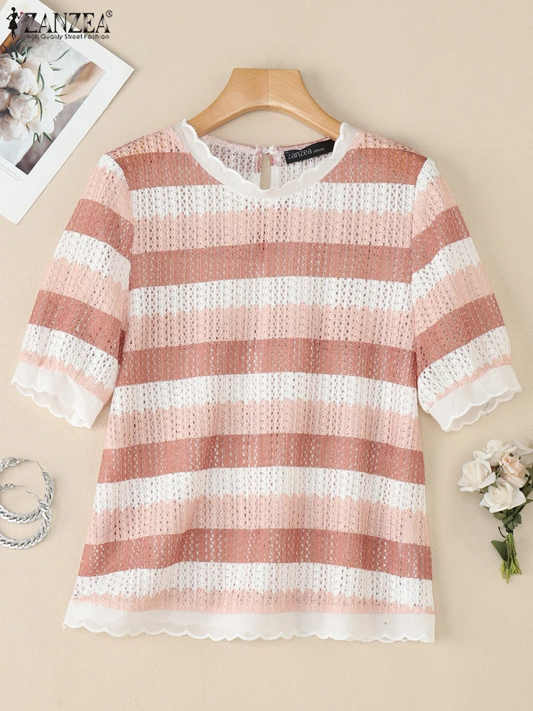 بلوزات كروشيه مخططة للسيدات من ZANZEA أنيقة برقبة دائرية وأكمام قصيرة منتفخة مزخرفة بالدانتيل بلوزات محبوكة لربيع وصيف 2025 #3