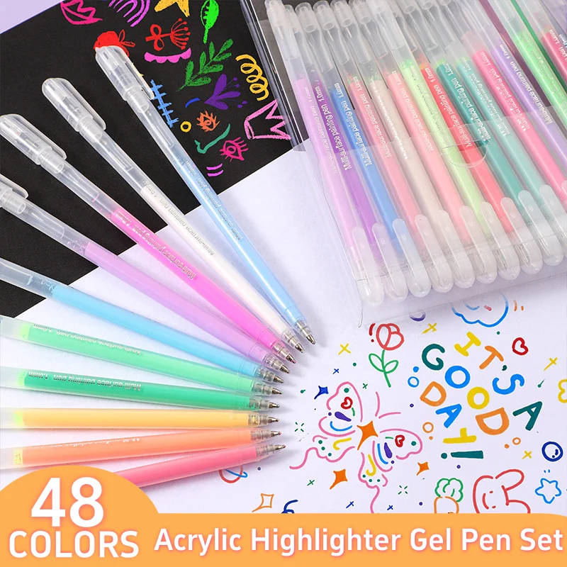 Acrylic Highlight 48 Colors Gel Pen Set 1.0mm Tip for Student Hand Book Journaling Drawing Doodling Gel Pens Stationery Supplies