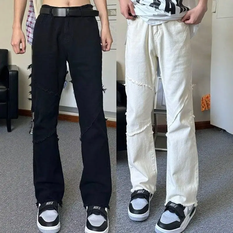 

American High Street Loose Design Men's Black Jeans Spring Autumn Trendy Brand Micro Flare Pants Wear Resistant Straight Leg