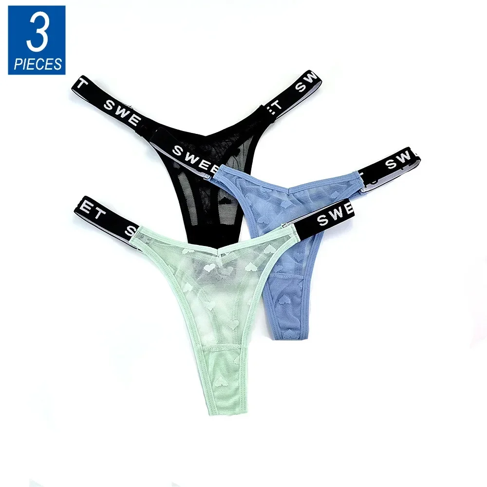 3Pcs Sexy Transparent Heart Sheer Thong Womens Ultra-thin Sense Underwear Sexy Female Seamless Low-rise Mesh T-back Quick Drying