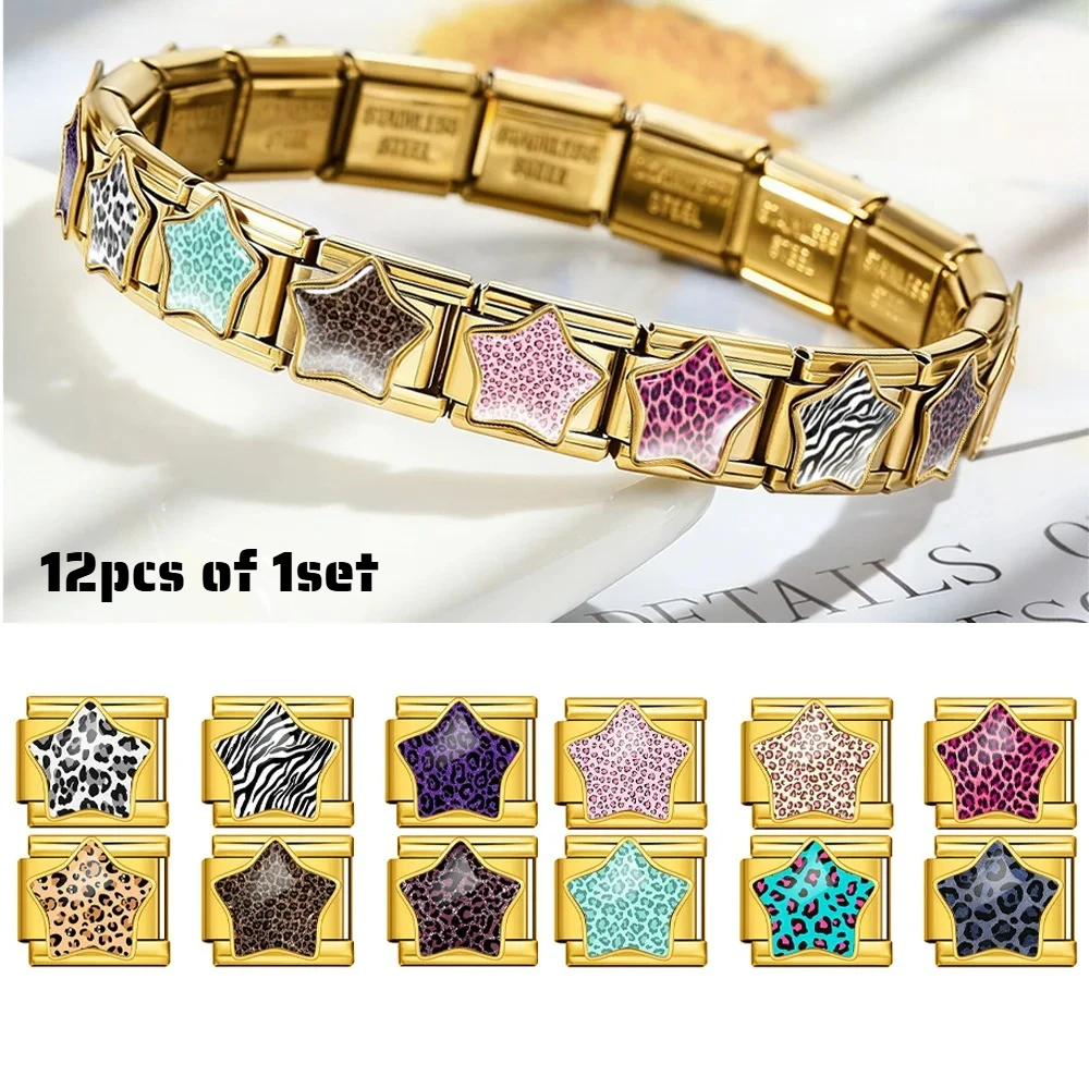 Wholesale 12Pcs Star Leopard Print Italian Charm Links DIY Replacement Module 9mm Stainless Steel Bracelet Jewelry Making Bulk