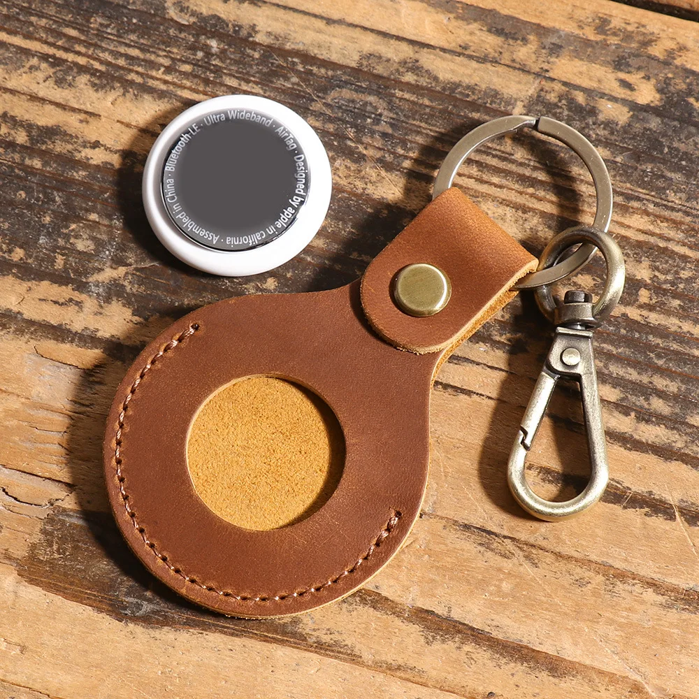 Hot-Selling Genuine Leather AirTag Case, GPS Tracker Cover, Apple Accessory Keychain Holder for Keys & Cards