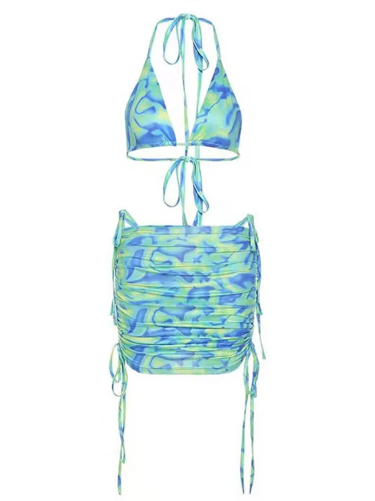 Seksowne bikini tie-dye, spódniczki, 3-częściowy zestaw damski, dzielony strój kąpielowy, odkryte plecy, sznurowane bikini w stylu wakacyjnym, nowy zestaw bikini na lato 2024