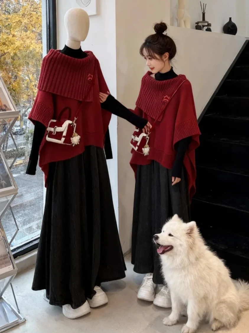 

Cisas красный вязаный свитер пальто повседневные широкие брюки с высокой талией комплект футболок для женщин высококачественный ансамбль моды