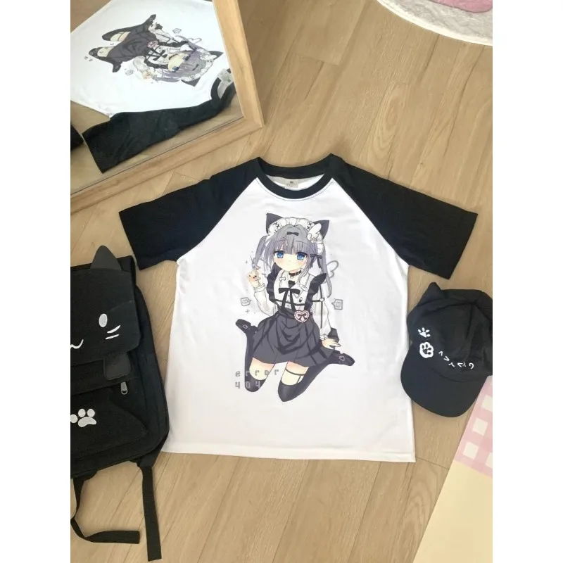 Harajuku camiseta de manga curta feminina, tops estampados de anime, retalhos soltos, preto e branco, casual japonês sweet tees, subcultura, Y2K, harajuku