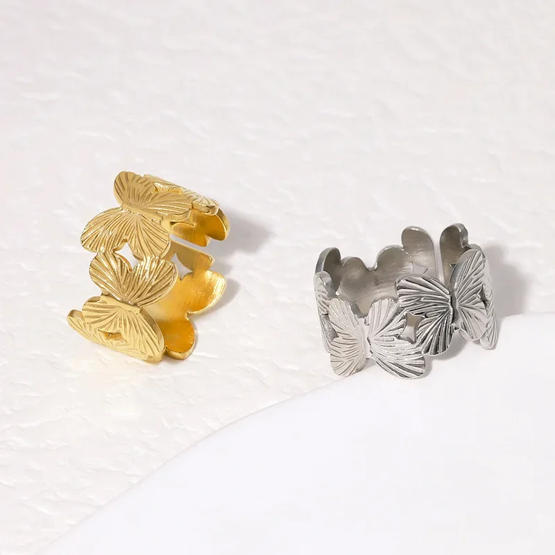 Creative Trendy Gold Color Stainless Steel Butterfly Splice Opening Rings for Women Charm Couple Finger Jewelry Colorfast Gifts