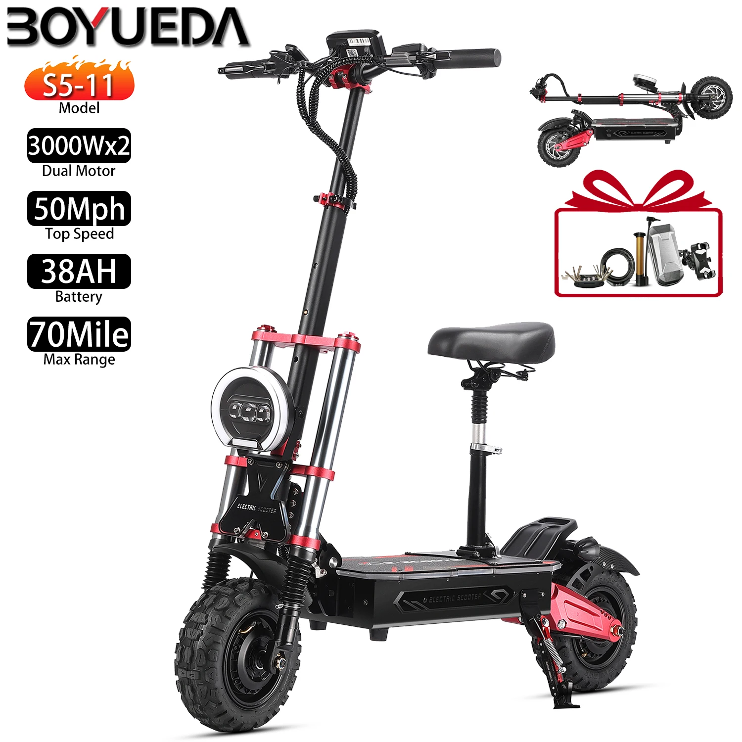 

Электрический самокат, складной Boyueda S5, 11 дюймов, 3000 Втx2, двойной мотор, электронный самокат для взрослых, максимальная скорость, 50 миль, 2280 Втч, дальность действия 70 миль, нагрузка 330 фунтов