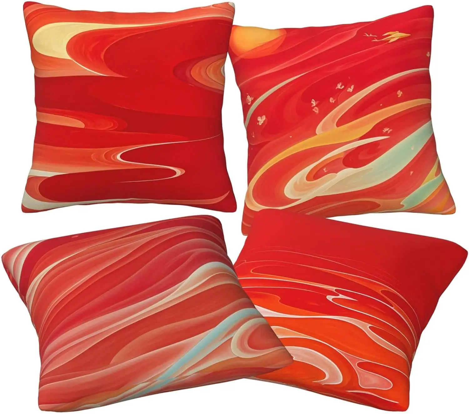 Red Abstract Art Pillow Covers – Dynamic Wave Design 4-Pack Cushion Covers for Indoor, Outdoor, Living Room, Sofa Décor
