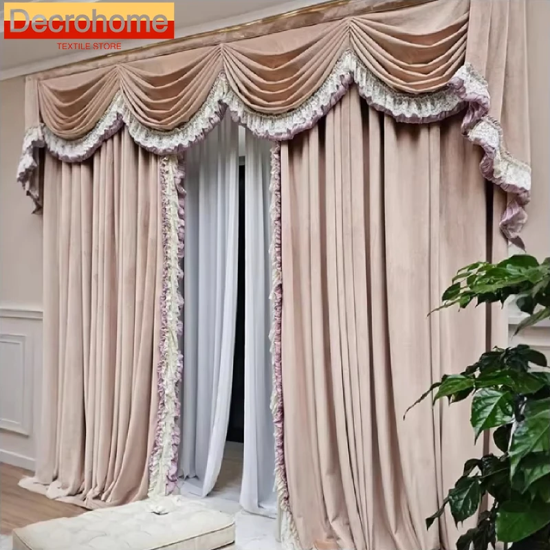 

High-grade Lace Patchwork Pink Velvet Blackout Curtains for Living Room Bedroom Romantic Partition Curtain Decoration Valance