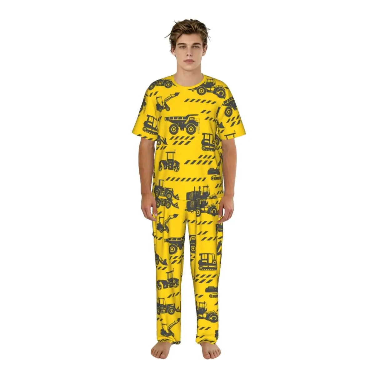 Men Pajamas Suit Short Sleeved Long Pants Cartoon Machinery Truck Sleepwear Summer Home Clothing Set
