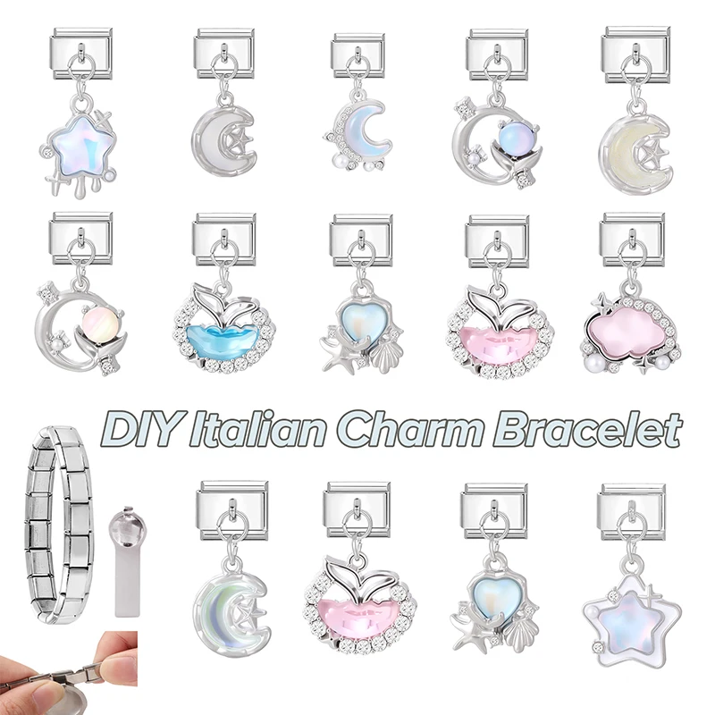 

Fashion Zircon Moon Star Fishtail Crystal Pendant Italian Charm Link Fit 9MM Stainless Steel Bracelet Jewelry DIY Making Gifts
