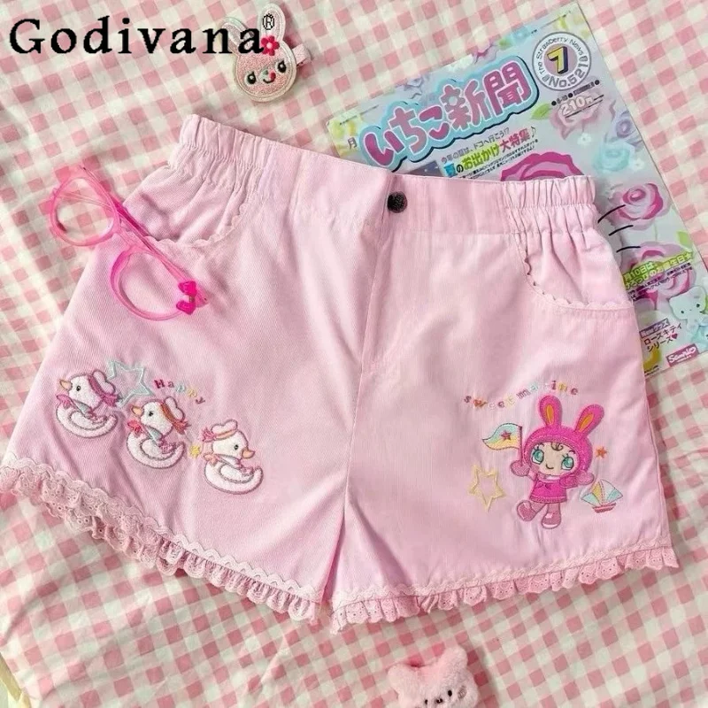 

Japanese Soft Girls Kawaii Pink Shorts Summer Casual Cartoon Embroidered Elastic Waist Y2k Shorts Women Daughter Cute Shorts