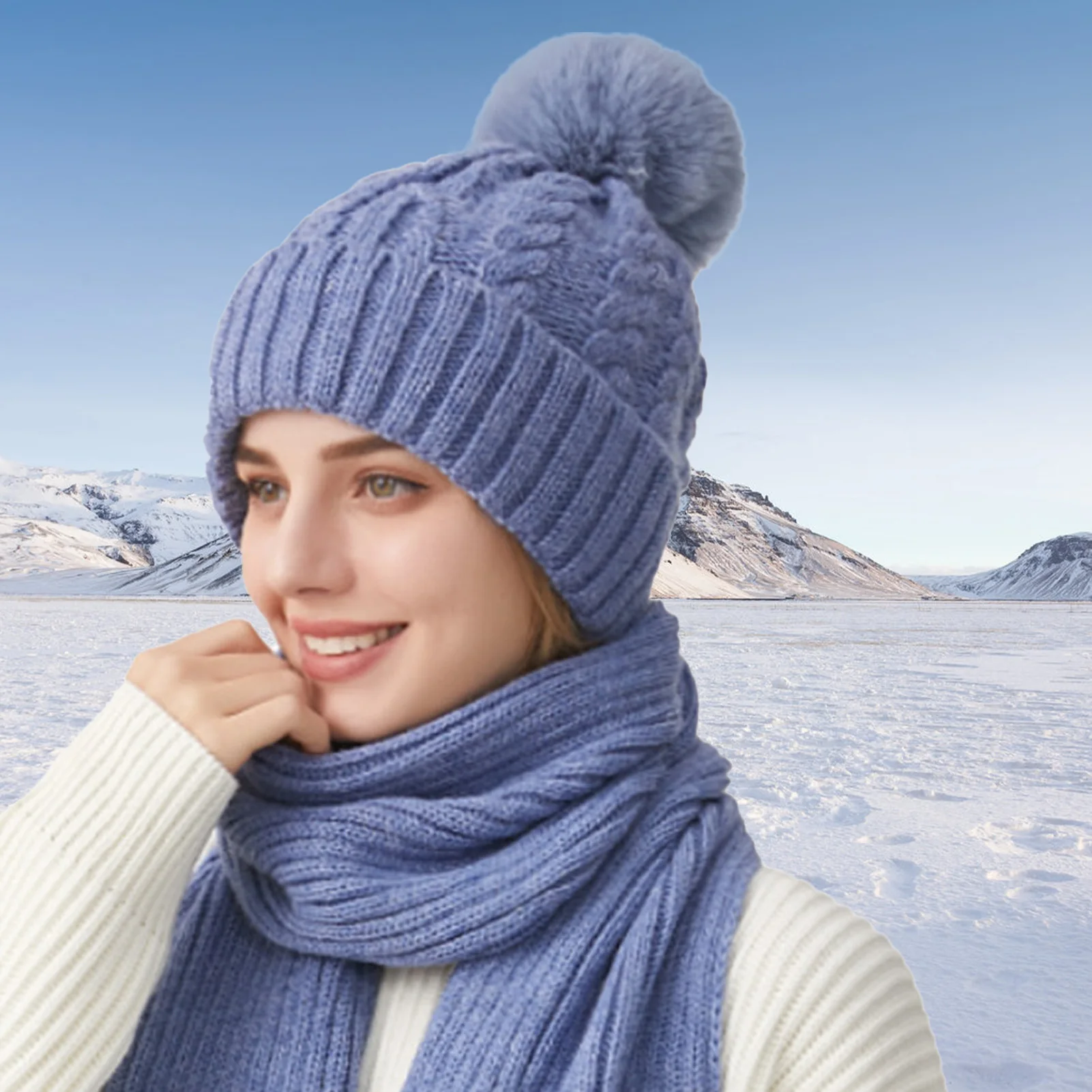 

Winter Knit Beanie Hat Scarf Set Solid Color Outdoor Cycling Warm Two-piece Set n and Women Gift