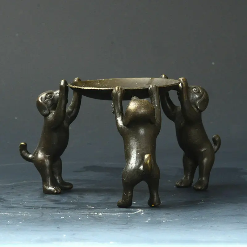 China Collectible Old Handwork Bronze Carved 3 Dogs Climb Plate Candle Stick