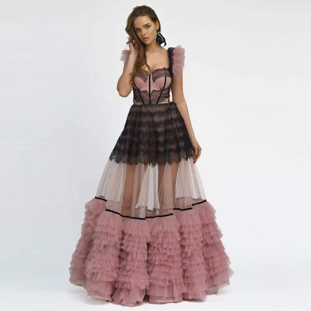 Vestidos de fiesta de tul negro y rosa polvoriento, vestidos de fiesta con apliques transparentes de encaje para mujer, corsé de línea A, vestido de mujer en capas hecho a medida