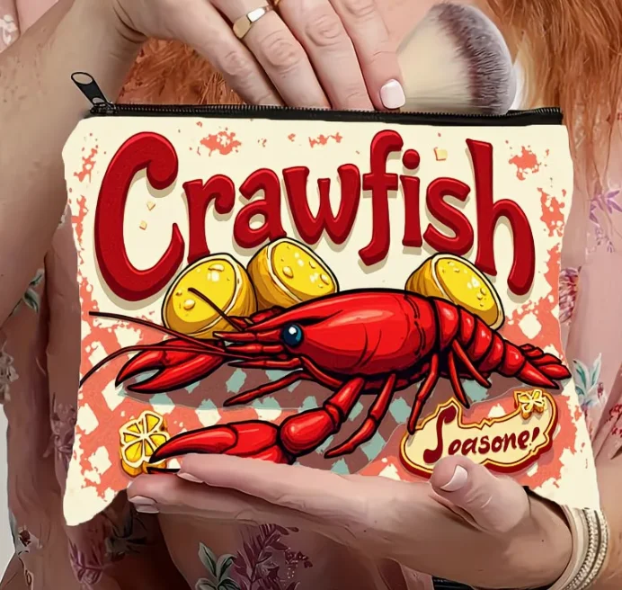 Bolsa de Cosméticos con Estampado Retro de Cangrejos de Río y Cierre de Cremallera Resistente - Bolsa de Viaje para Artículos de Aseo en Rojo Vibrante y Estilo Cajun de Louisiana