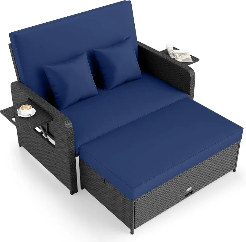 Tangkula Patio Rattan Daybed with 4-Level Adjustable Backrest, Outdoor PE Wicker Loveseat with Storage Ottoman & Folding Side