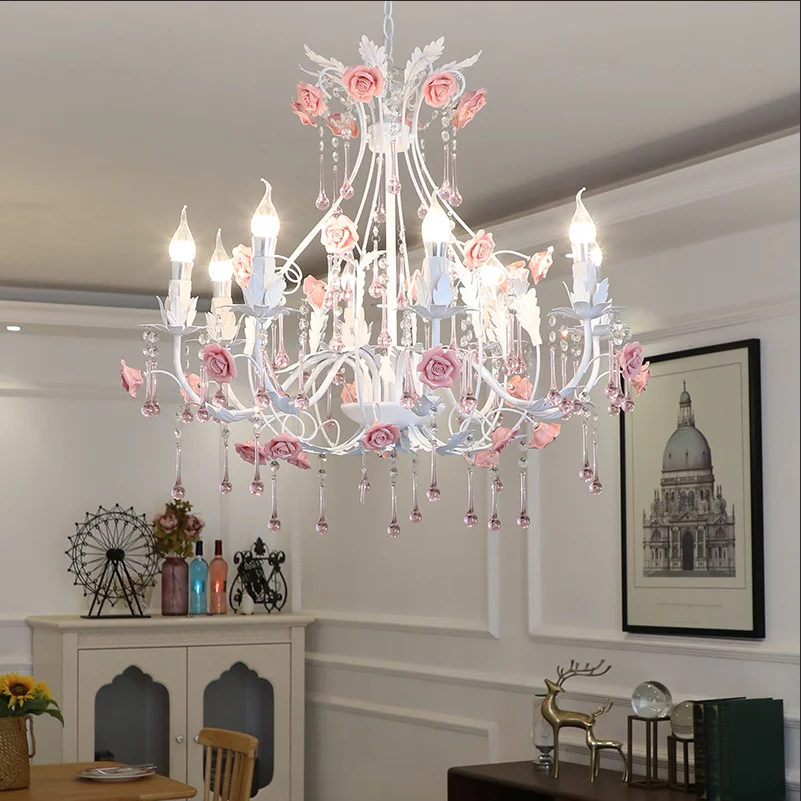

European style crystal chandelier, living room dining room chandelier, pink chandelier, ceramic flower chandelier, bedroom chand