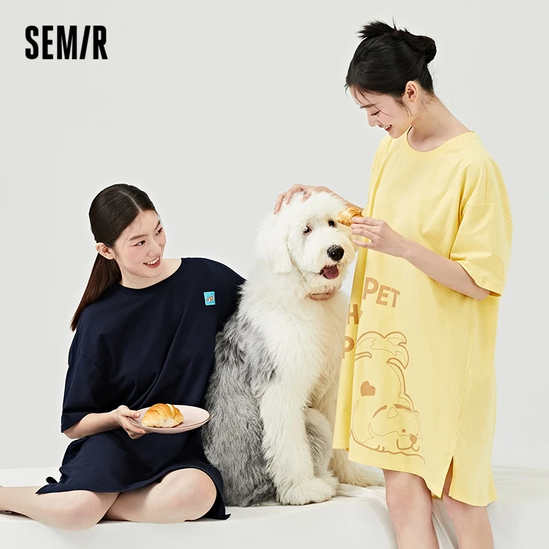 Semir Pajama Dress Women Cotton Printing Lovely Loose Short Sleeve Cartoon Casual Pajama Home Girls Autumn Home Dress