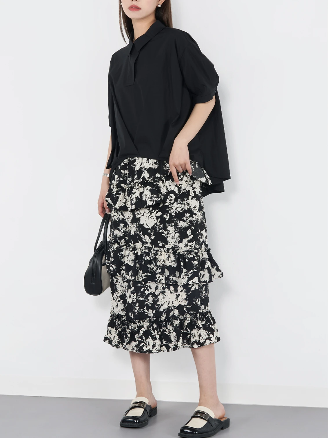 Primavera verão novo chiffon feminino saias de comprimento médio impresso cintura elástica temperamento senhoras em camadas plissado borda vestidos