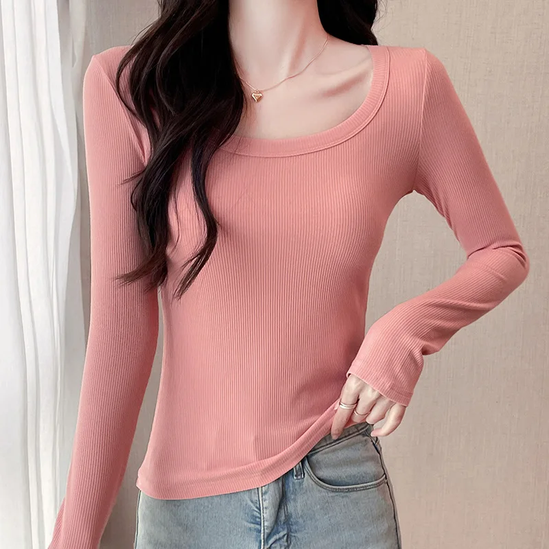 Spring Autumn Women's Pullover Round Neck Solid Long Sleeve Vacation T-shirt Undershirt Office Lady Fashion Skinny Casual Tops