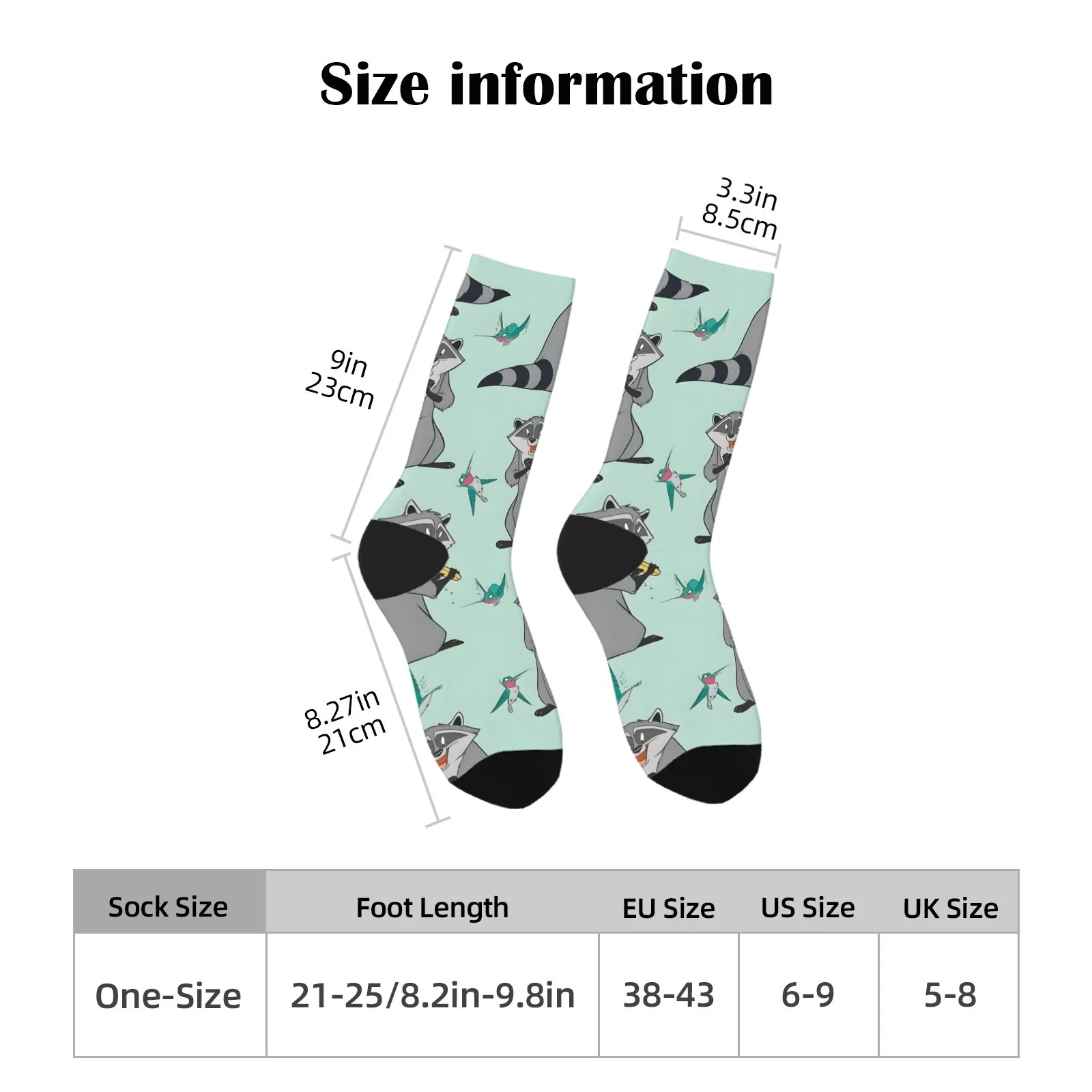 Novelty Disney Pocahontas Meeko Compression Socks Mint Green Natural Beauty Cute Raccoon and Hummingbird Print Nostalgic Gift