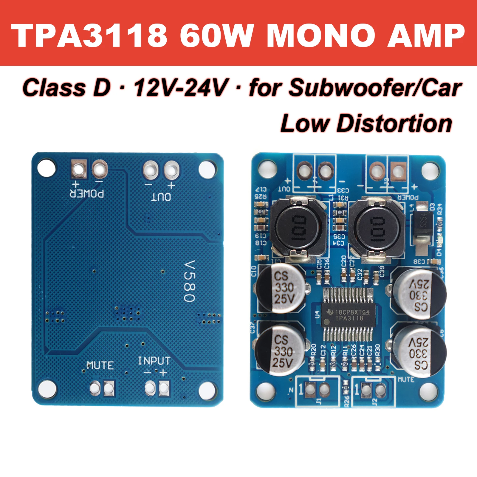 TPA3118 60W Mono Class D Digital Audio Amplifier Module DC 12V-24V for DIY Subwoofer Car Audio Home Theater High Power