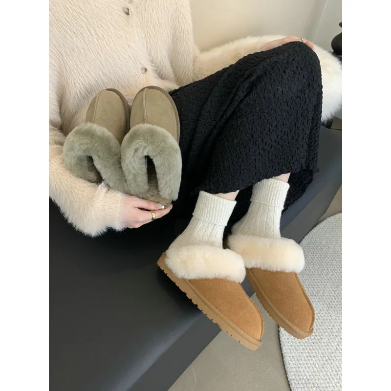 Shoes Woman 2024 Slippers Flat Cover Toe Platform Winter Footwear Pantofle New Shearling Slides PU Rome Fabric Fur Rubber Snow B