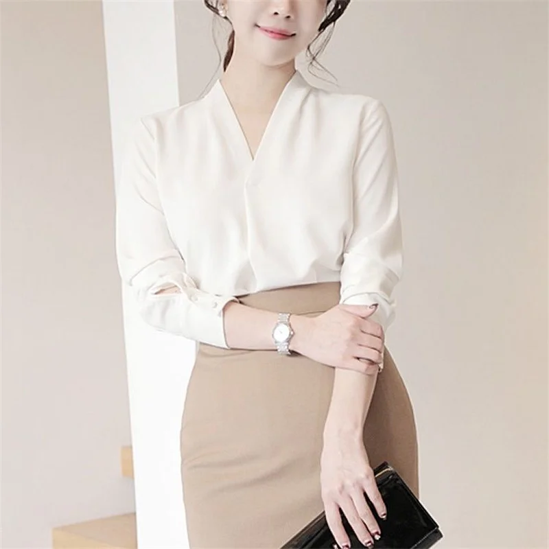 Women Spring Autumn Style Blouses Shirts Lady Office Wear OL Long Sleeve V-Neck Solid Color Blusas Tops WY1004