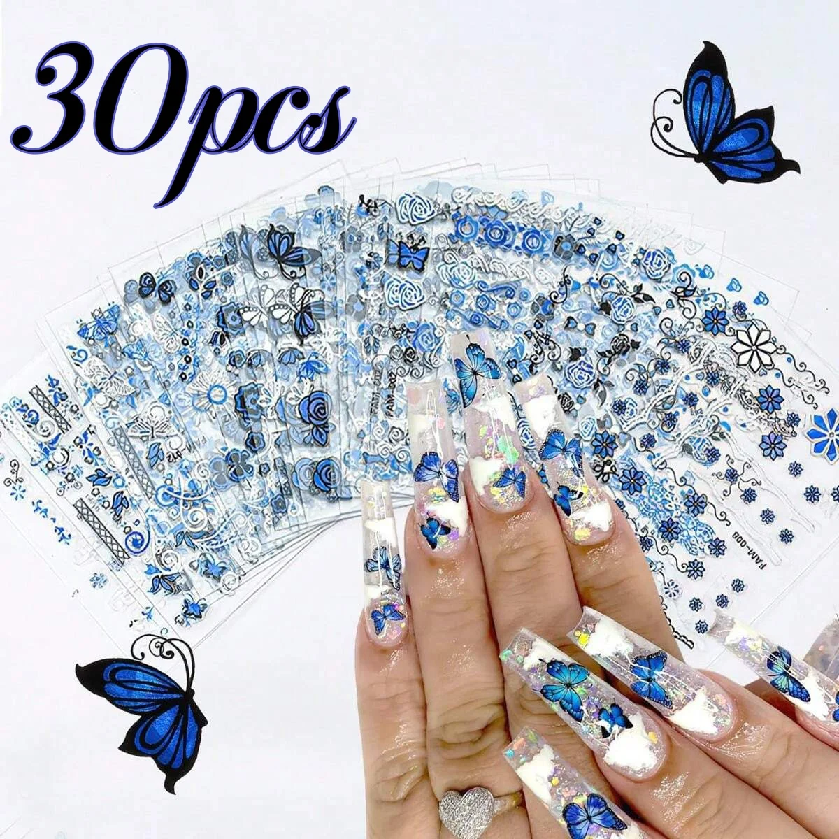 30 Sheets Butterfly Nail Art Stickers Blue Silver French Lines Rose Shape 3D Self-Adhesive Flowers Press on Nail DIY Nail Decals