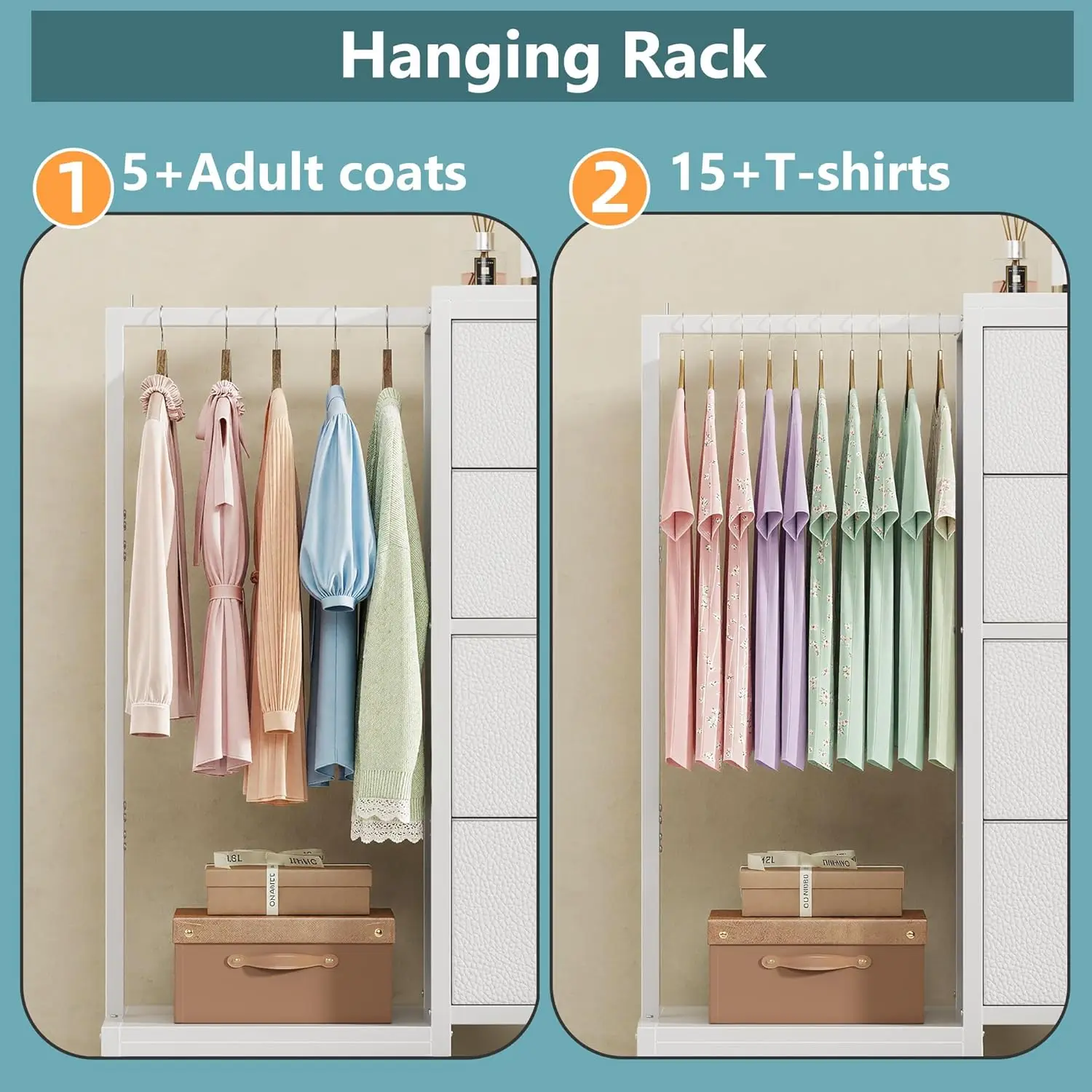 Dresser with Hanging Rack, 4 Drawers Small Closet for Bedroom, Reversible Fabric Kids Chest of Drawers with Clothes Rack