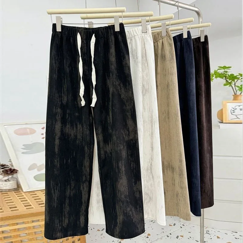 Women Retro Tie Dye Corduroy Trousers Casual All-Match Straight Leg Pants Elastic High Waist Solid Color Wide Leg Pants Fashion