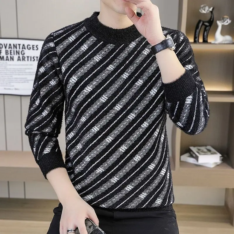 

Korean Striped Slim Pullovers Knitted Autumn Winter Contrasting Colors Men's Clothing Casual O-Neck Basic Long Sleeve Sweaters