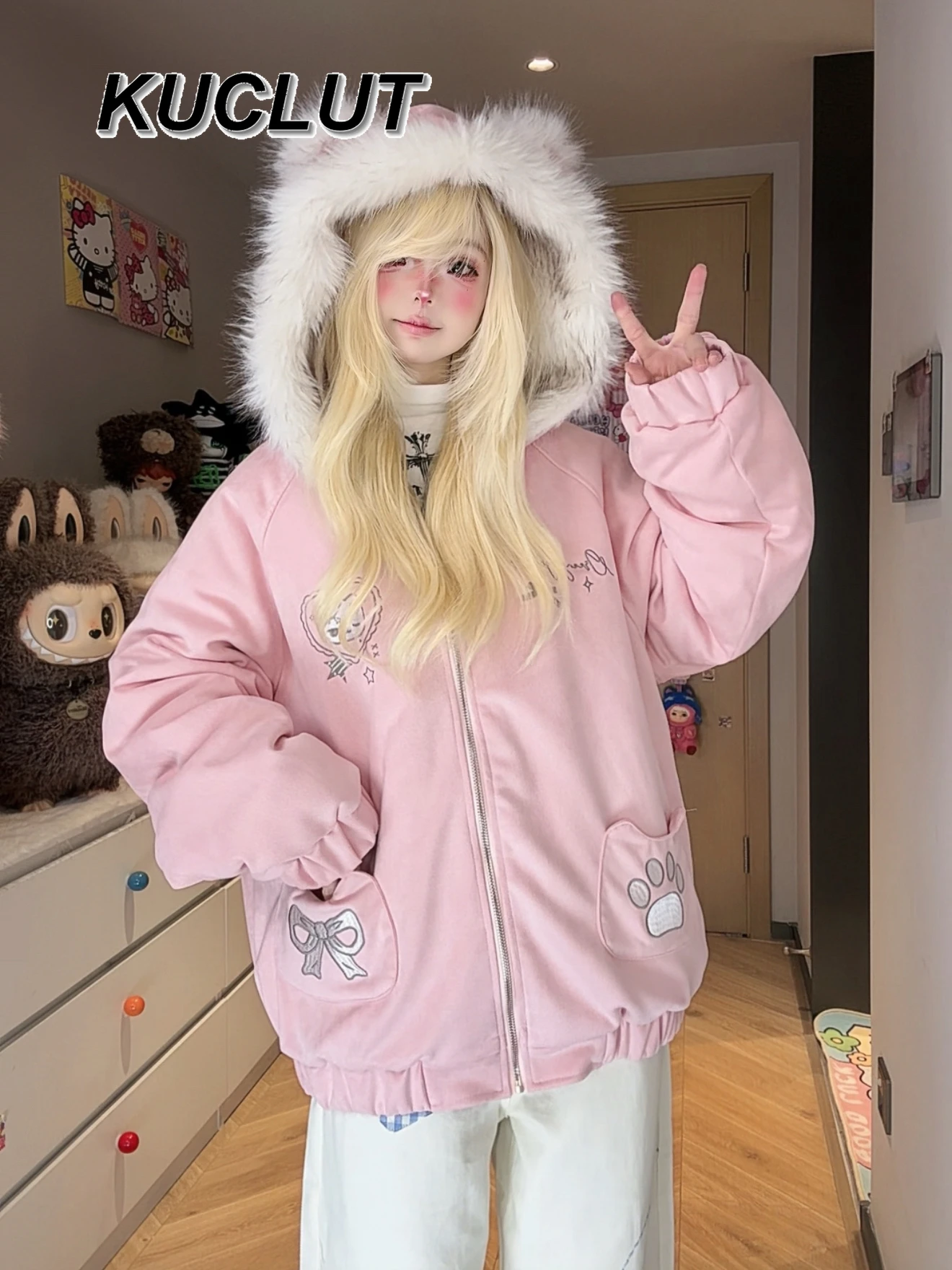 

Original Cartoon Embroidery Casual Girls Cotton Jacket Winter Loose Warm Coat Fashion Sweet and Cute Thick Coats for Women