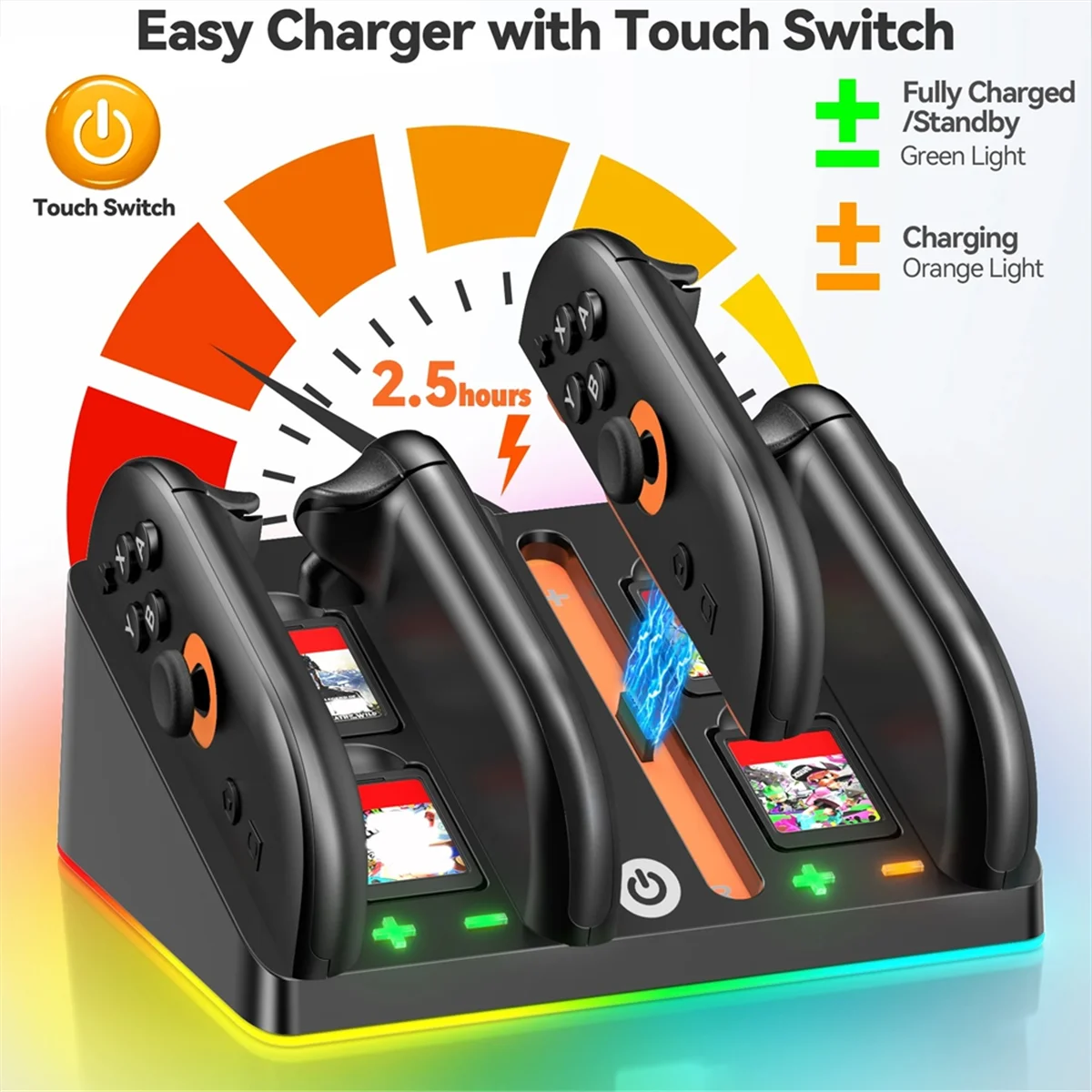 

New 3C-Charging Dock for Switch 2 with 9 Light Modes Charger Station with 4 Game Slots Without Four Handles