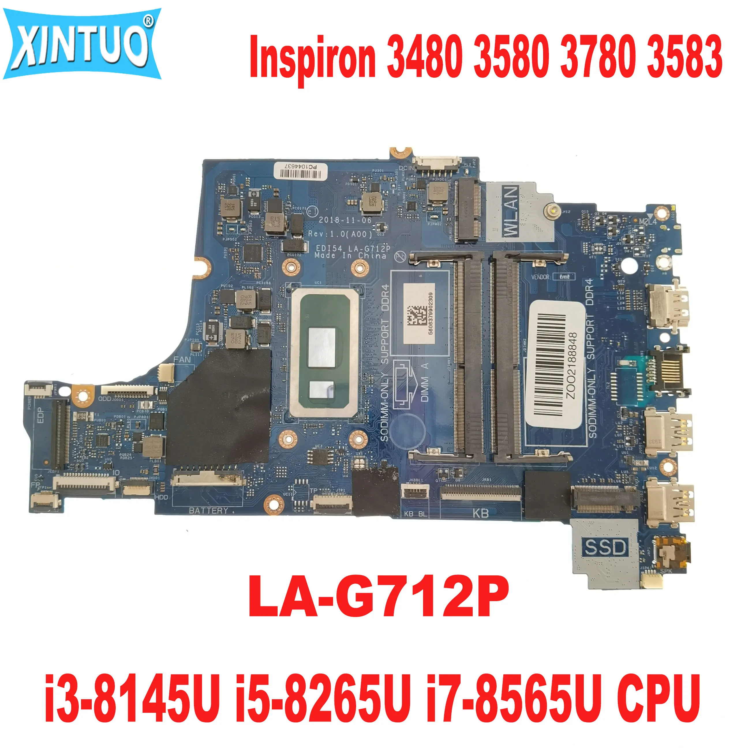 

EDI54 LA-G712P Motherboard for Dell Inspiron 3480 3580 3780 3583 Laptop Motherboard with i3-8145U i5-8265U i7-8565U CPU DDR4