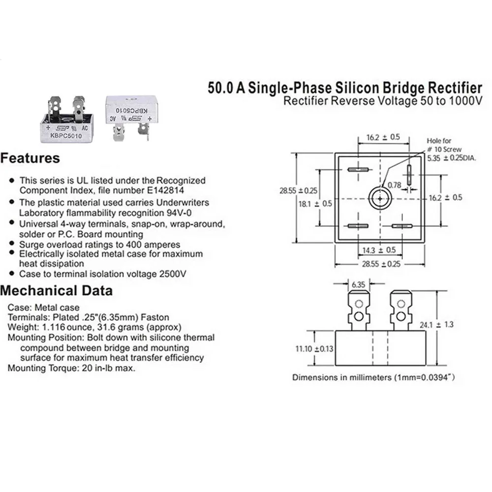 KBPC5010 Brückengleichrichter 50A 1000V AC Metallgehäuse Einphasiger Diodenbrückengleichrichter – Detail 9