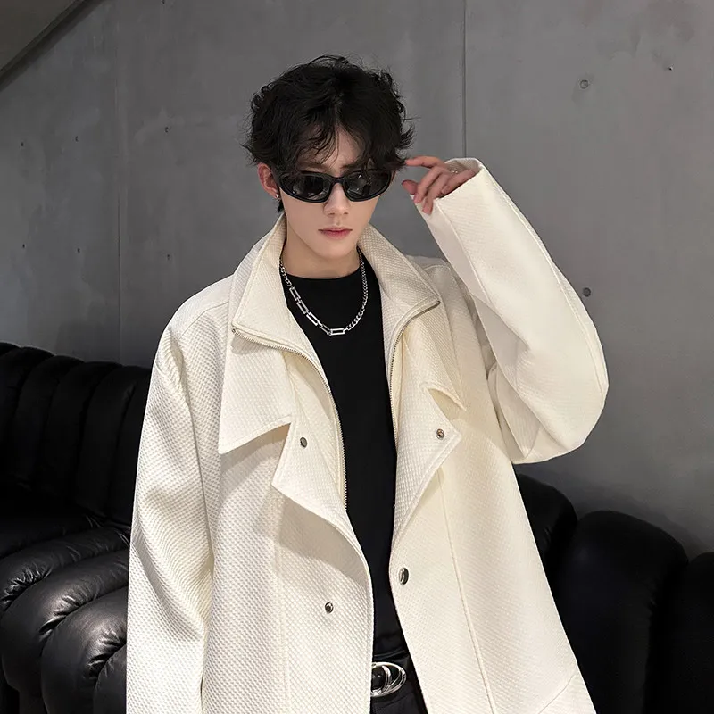 

Autumn Winter Men's Casual Loose Woolen Jaet Double Layer Splicing Design Faionable Street Sle Outerwear without Hat