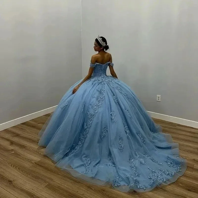 Glittering Blue Princess Quinceanera Dresses Beading Appliques Court Train Ball Gown Vestidos De 15 Anos Formal Prom Party HOT