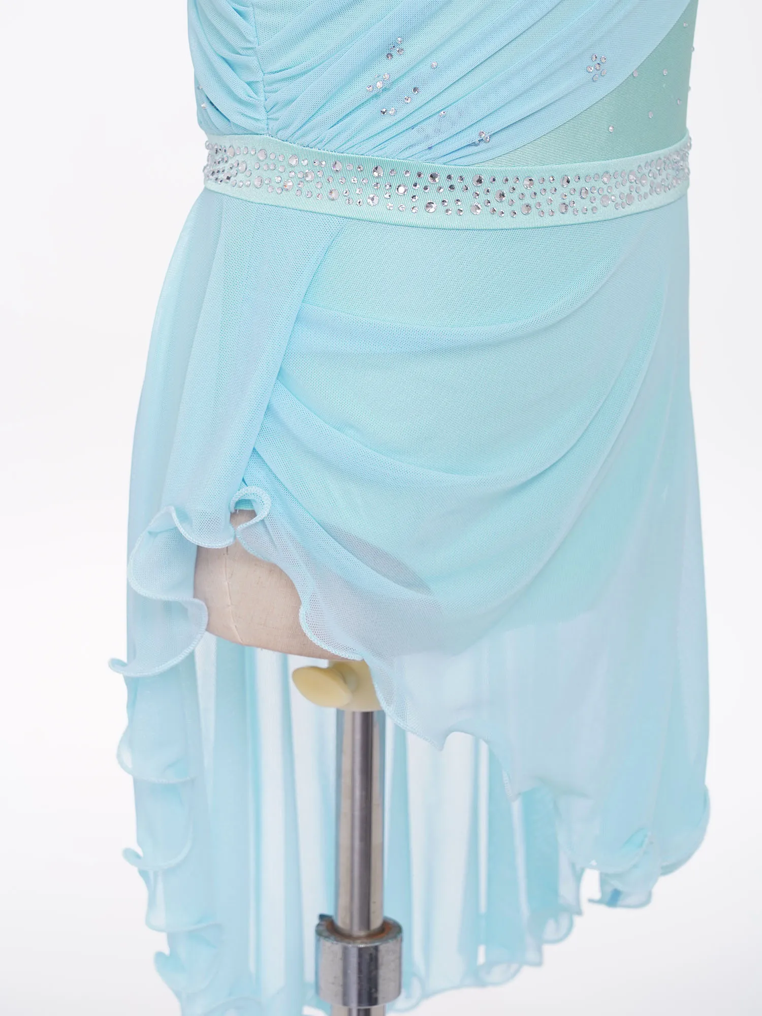 Girls Ballet Lyrical Dance Dress Figure Skating Modern Dancewear Halter Sleeveless Shiny Rhinestone Ruched Mesh Dresses Leotard