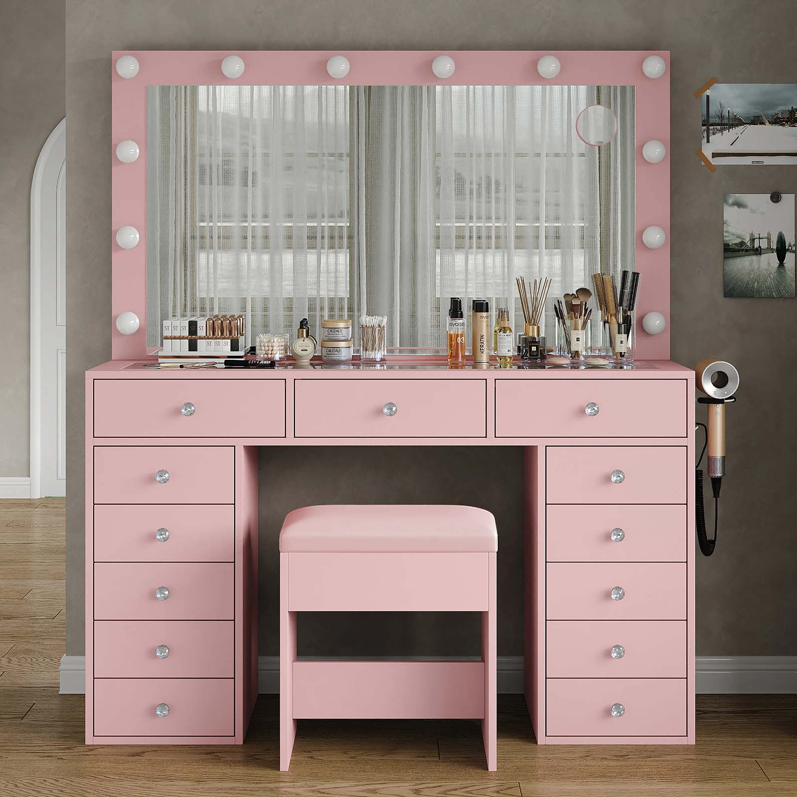 Vanity Table Set with LED Lighted Mirror & Glass Top, 3 Brightness Adjustment Levels, Multiple Drawers & Storage Shelves, Scratch-Resistant Tempered Glass with USB Charging Port