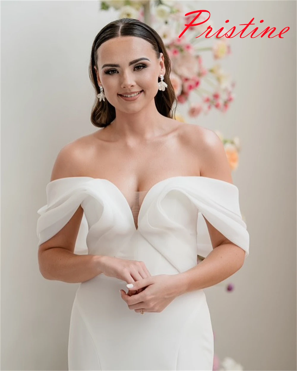 

Customized Elegant White Jersey Bridal Gowns Temperament Strapless Off the Shoulder Short Sleeves Wedding Dress Mermaid Dress