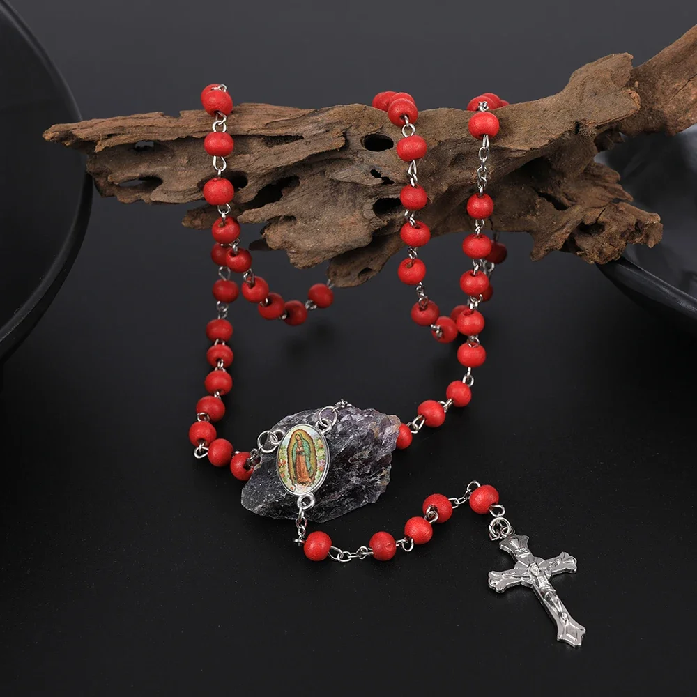 Holz-Rosenkranz-Halskette für Damen, 6 mm, Holz-Gebetsperlen, lange Kette, religiöser Anhänger mit der Jungfrau Maria und dem Kreuz, Herren-Party-Schmuck, Geschenk. – Detail 6