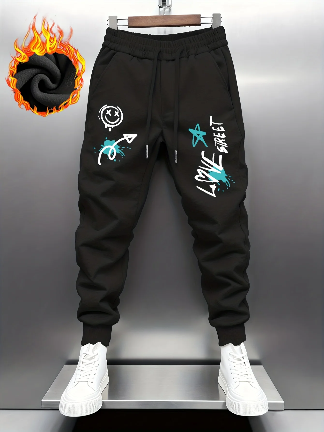 Fun‑urban Men Sports Sweatpants Playful Graffiti Smiley‑themed Graphic Print, Jogger Pants Padded Pants For Home Gym Workout